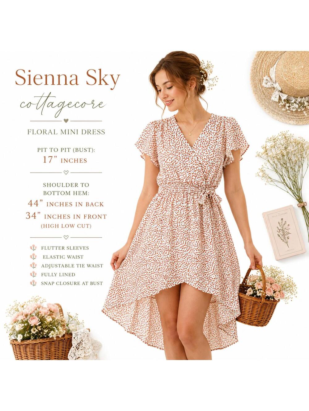 Sienna Sky Cottagecore Floral Midi Dress S Cream Orange Tie Waist Flutter Sleeve